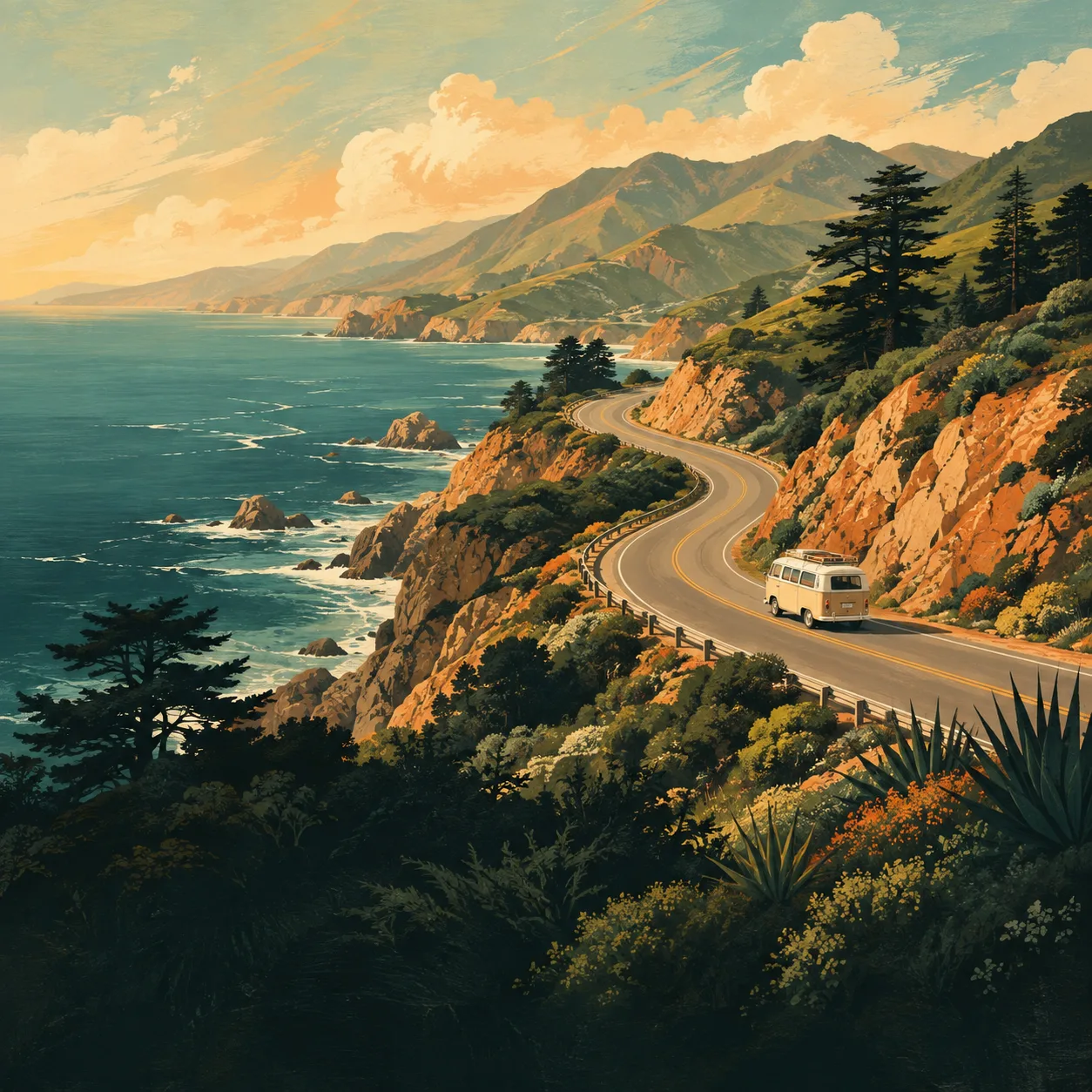 Illustration of a camper van following a winding coastal road